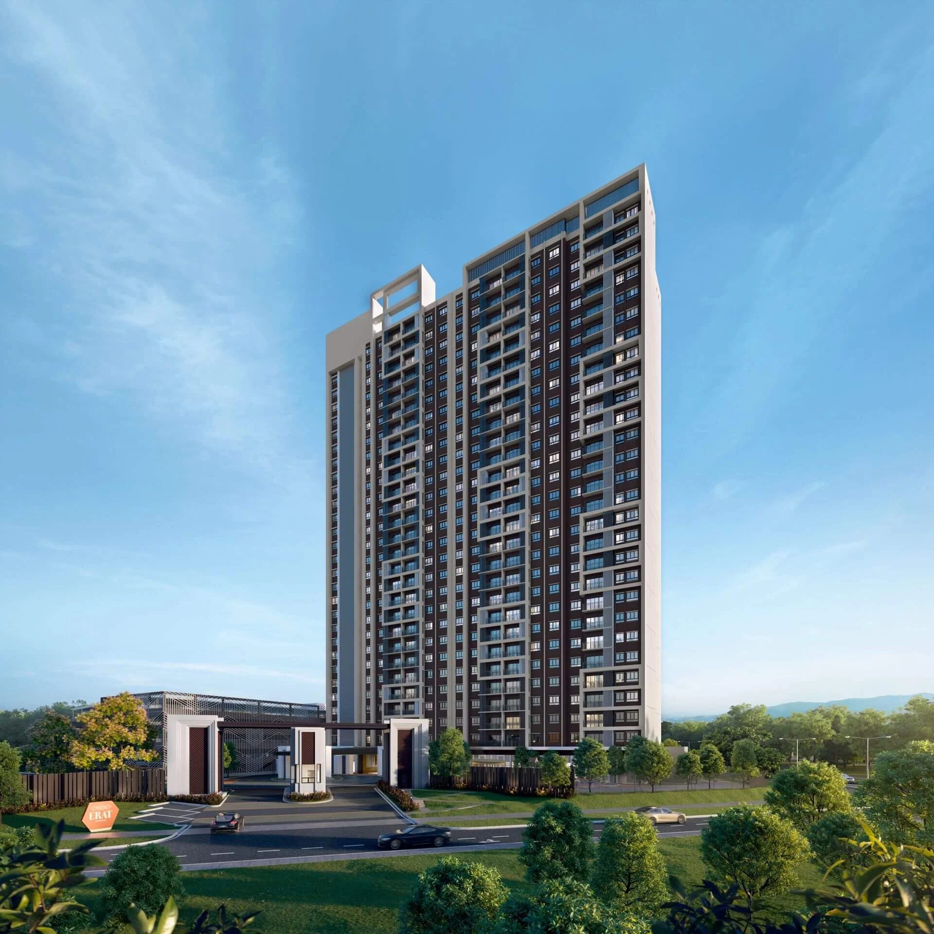 Erat Residence tower surrounded by landscaped greenery in Alam Impian