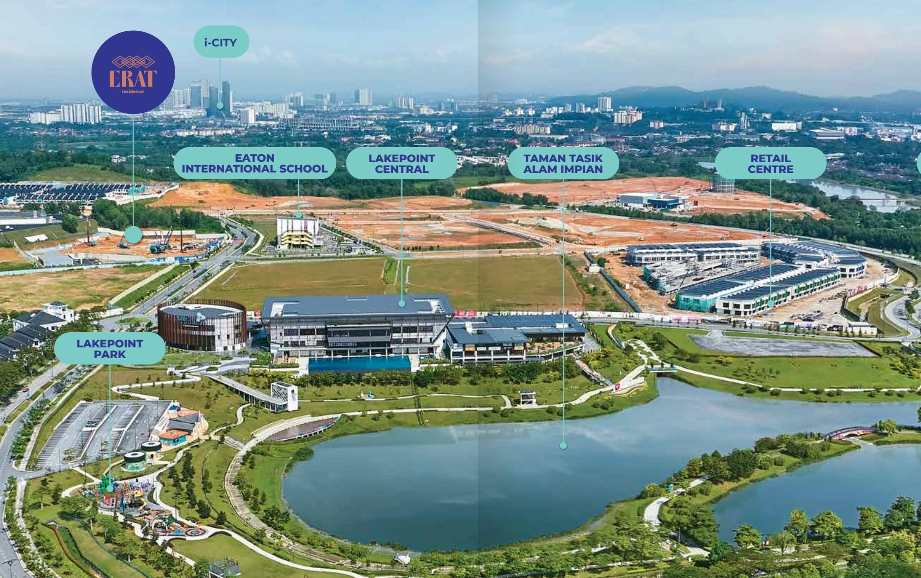 Brochure neighbourhood illustration showing Erat Residence, Eaton International School and Taman Tasik Alam Impian